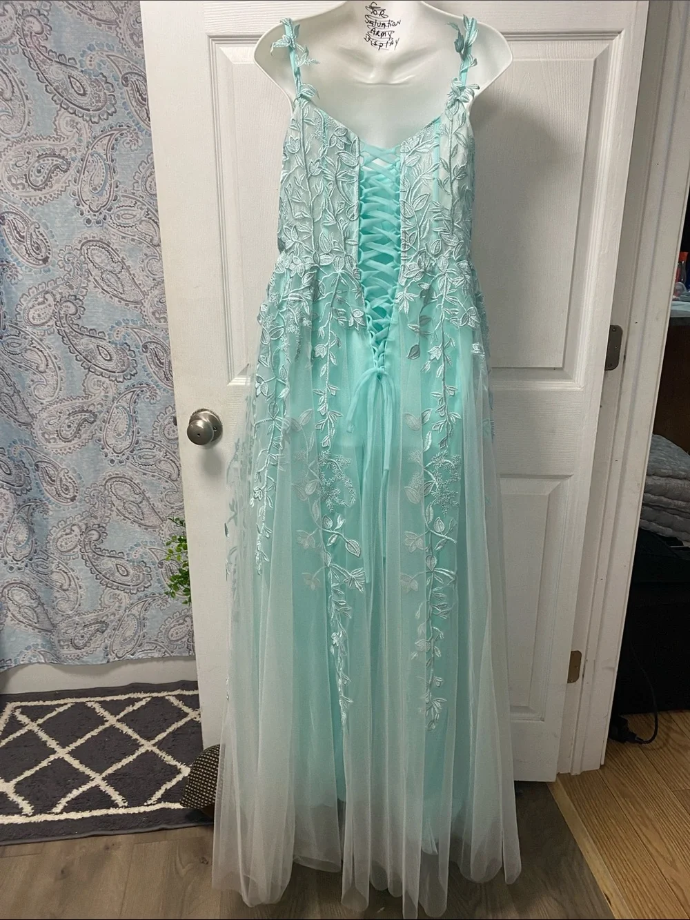Aqua Floral Appliqué Tulle Gown